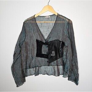NEIL&DAVID Sheer Iridescent Crinkle Top Button Up OS Lagenlook Artsy Whimsygoth